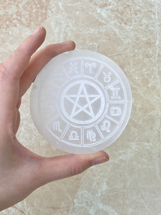 Selenite Engraved Charging Plate- Round 14cm