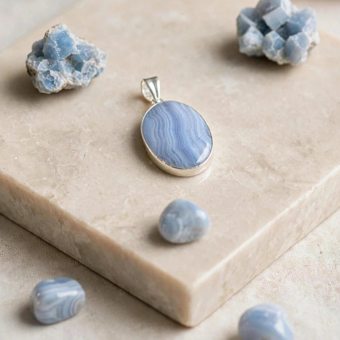 Blue Lace Agate Sterling Silver Pendant CJ15