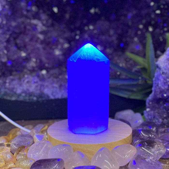 Selenite Lamp Pencil Tower 10cm with Color Light