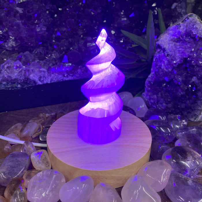 Selenite Lamp spiral with Color Light