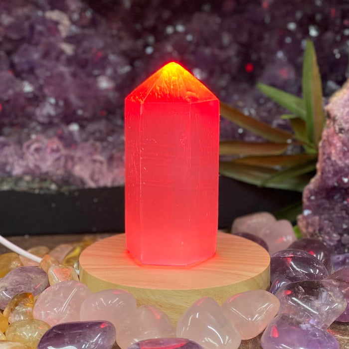 Selenite Lamp Pencil Tower 10cm with Color Light