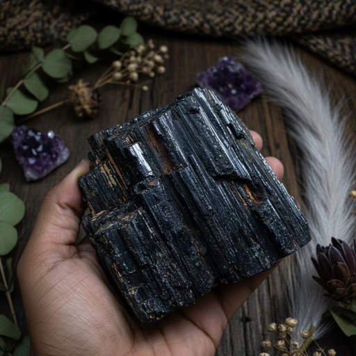 Black Tourmaline Mineral specimen held in hand with a wooden surface and purple Amethyst crystal in the background