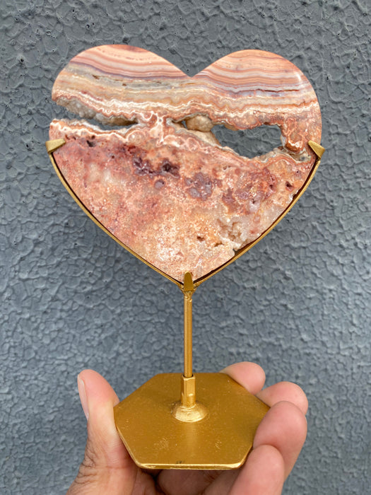 Pink Crazy Lace Agate Heart with stand CH02
