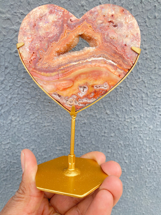 Pink Crazy Lace Agate Heart with stand CH04