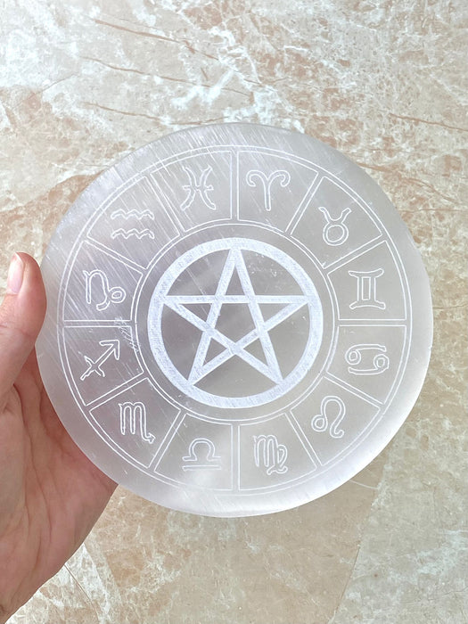 Selenite Engraved Charging Plate- Round 8cm
