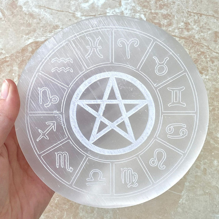Selenite Engraved Charging Plate- Round 14cm