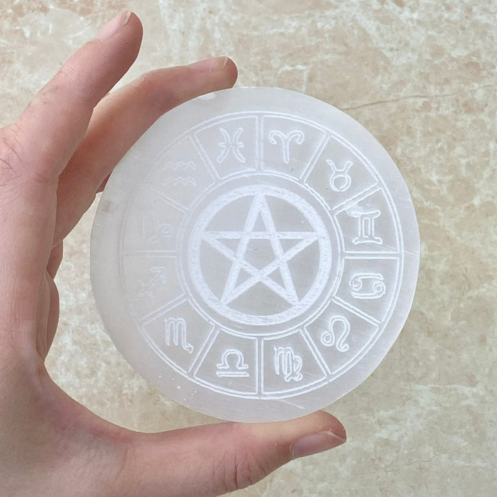 Selenite Engraved Charging Plate- Round 8cm